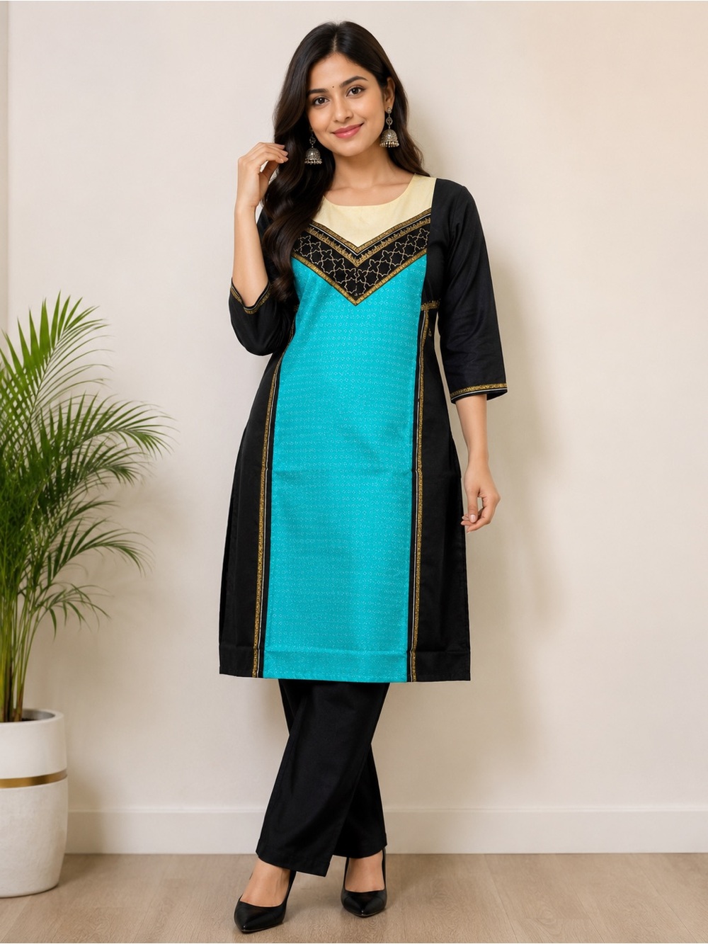 Black & Teal Embellished Straight-Cut Kurta